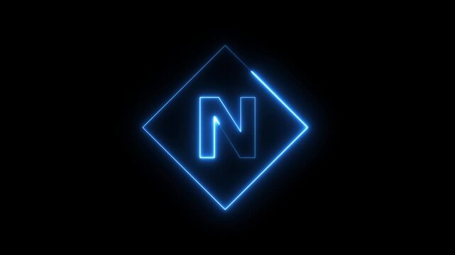 Neon letter N animation with glowing blue diamond frame on black background, alphabet typography concept 4k video.