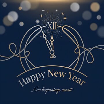 Elegant Happy New Year greeting card, gold clock face with Roman numerals at midnight, luxury festive background with bokeh lights