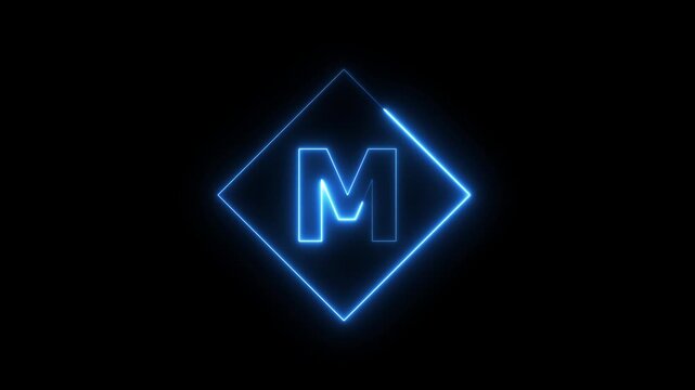 Neon letter M animation with glowing blue diamond frame on black background, alphabet typography concept 4k video.