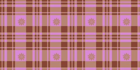 Seamless plaid pattern with floral accents in pink and brown tones. Vintage plaid  background for print and textile design © Mr. Han Han