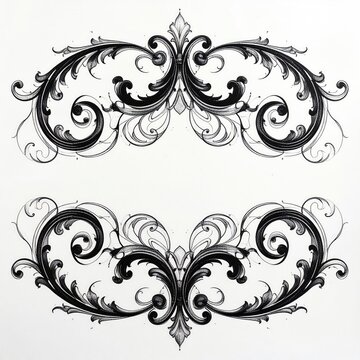 Intricate black and white scrolling floral ornamentation, symmetrically arranged