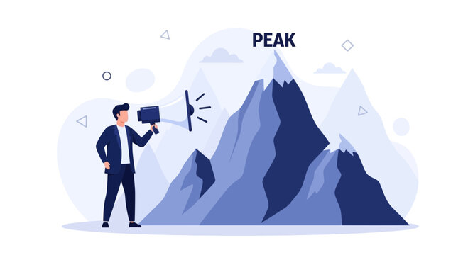 Businessman with Megaphone at Mountain Peak - Concept of Success, Achievement, and Announcement
