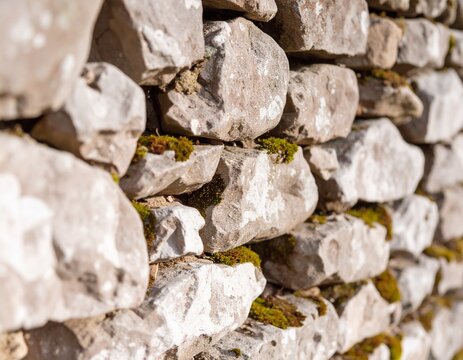 Rustic Dry Stone Wall with Moss and Shallow Depth of Field