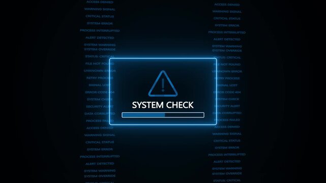 Bright blue neon notification window showing a warning triangle and the text SYSTEMCHECK with a loading bar against a dark backdrop of repeating computer error messages Keywords: system