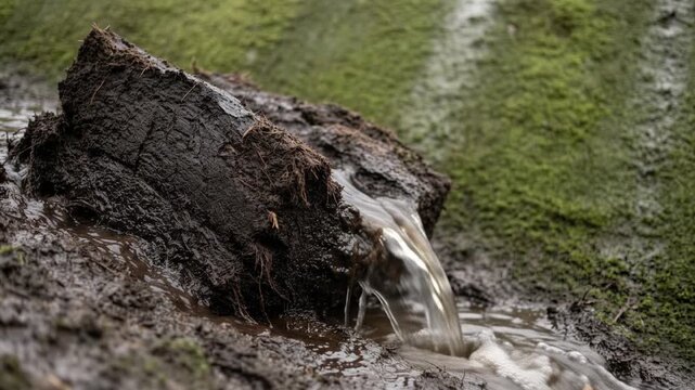 muddy water cascading down a slumped block of dark saturated fibrous peat soil on an incline