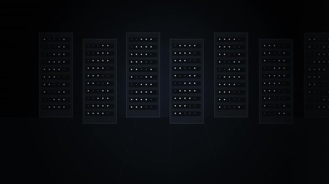 Rows of server racks with digital lights, data center technology background