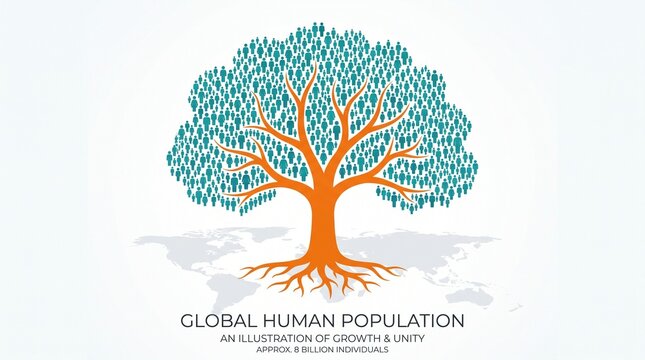 Global population tree illustration of growth and unity