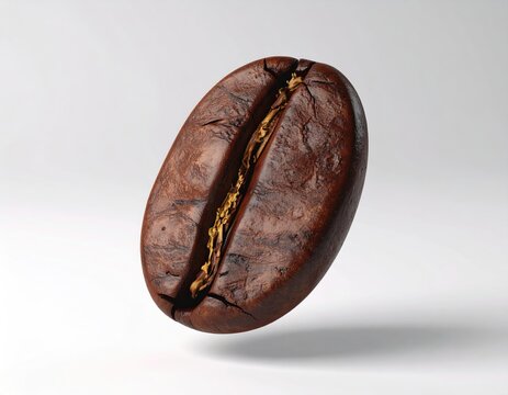 Close-up of a single roasted coffee bean with a textured surface