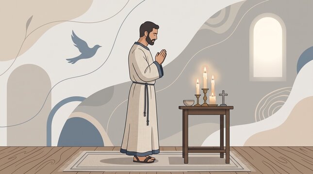 Monk praying with lit candles in chapel