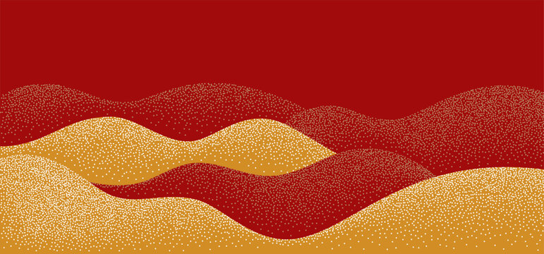 Abstract Chinese Wave Pattern with Golden Desert Sand Lines and Red Mountains Background. Japanese Hills Landscape. Elegant Oriental Design for Luxury Posters and Traditional Asian Art Decoration.