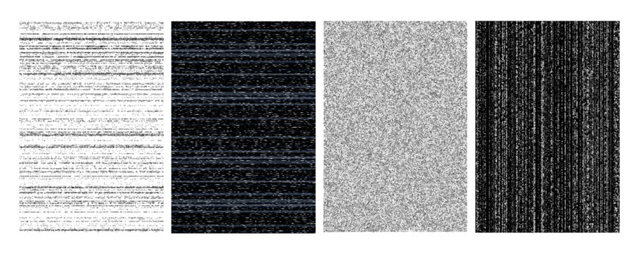 TV Noise Glitch Static Texture. Retro Screen Glitch Effect Pattern. Old VHS Television Interference Backgrounds. Black Vector Vintage Television Distortion Overlay Filter.