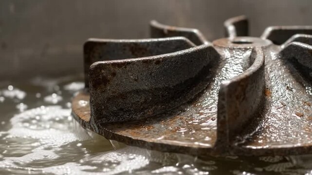 Pitted cast iron pump impeller churning foamy brine liquid below the rapidly spinning metal machine blade