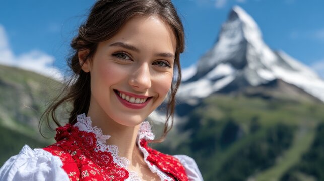 Young woman smiles in traditional dress with a mountain in the background during daytime in the Swiss Alps