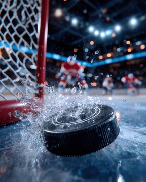 Hockey puck splashes on ice near goal during match in well-lit arena at night with players in background