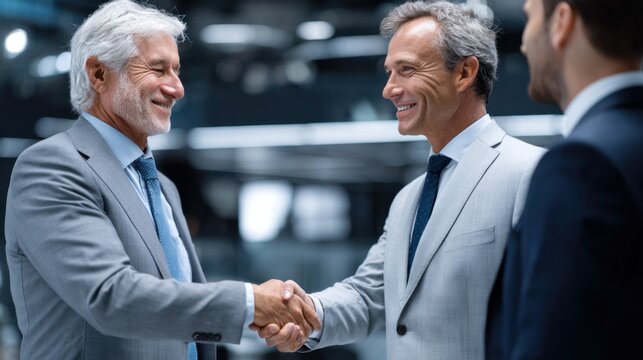 Business meeting takes place with two men shaking hands during a discussion in a modern office setting with a third person present