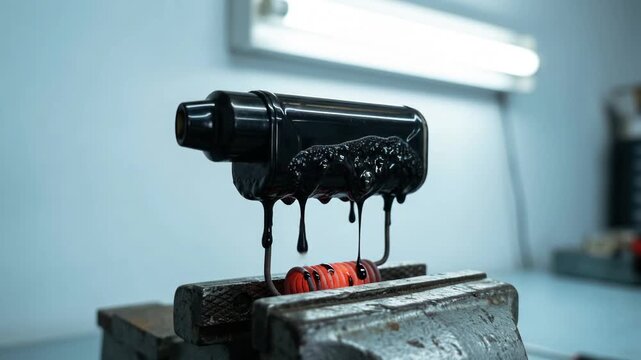 glossy black polycarbonate vape outer casing melting inside a secured horizontal metal vice under intense external heat