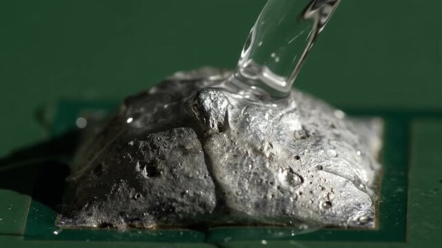 clear acidic water rushing over a flat lead solder mound on a dull grey pitted printed circuit board