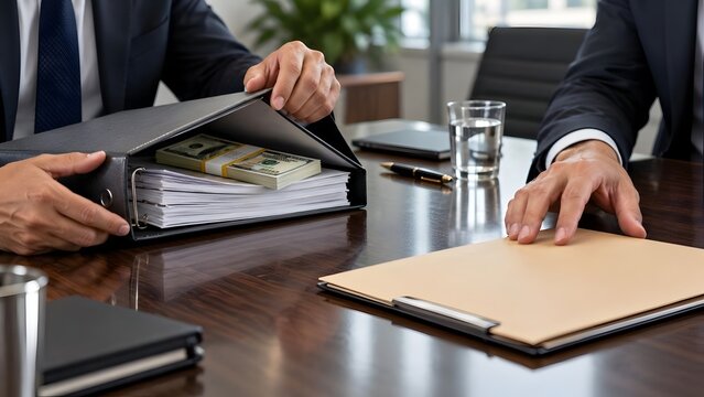 Businessman secretly revealing hidden cash money inside a document binder representing corporate corruption bribery and financial fraud