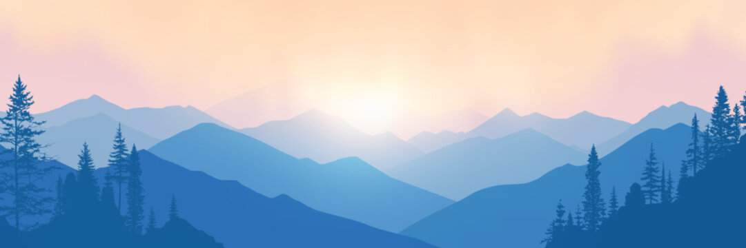 Minimalistic landscape, sunset in the mountains, ridges in the evening light and fog, vector illustration