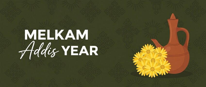 Ethiopian New Year Melkam Addis Amet banner with traditional clay jebena coffee pot and yellow adey abeba flowers on dark green decorative pattern background for Enkutatash holiday celebration graphic