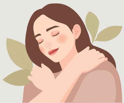 Woman self-hugging with peaceful smile, self-love and self-care, vector illustration