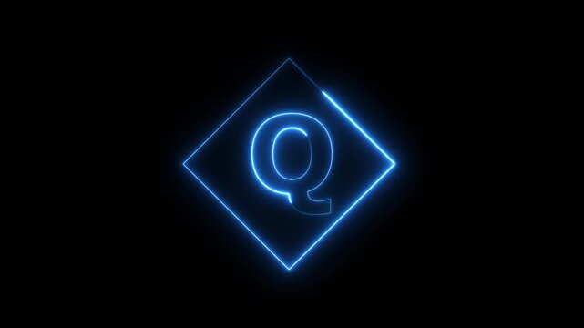 Neon letter Q animation with glowing blue diamond frame on black background, alphabet typography concept 4k video.