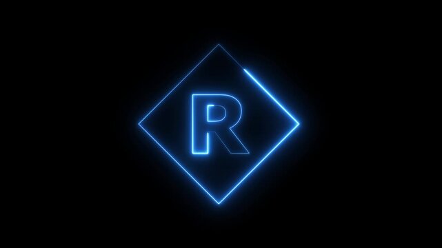 Neon letter R animation with glowing blue diamond frame on black background, alphabet typography concept 4k video.