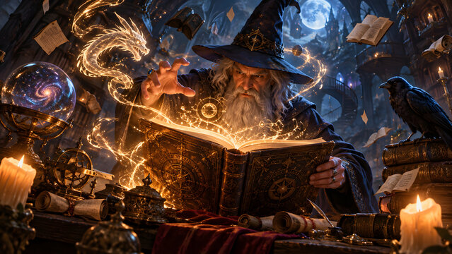 Wizard Looking into a Magical Spell Book &ndash; Casting Magic Spell and Mystical Sorcery Concept Art