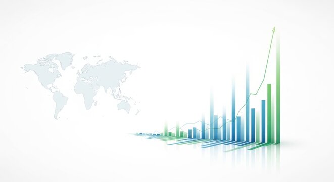 Global growth trend illustrated with rising bar chart and world map background
