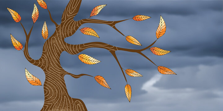 Autumn stylized tree against a dramatic dark sky, autumn cartoon, vector illustration