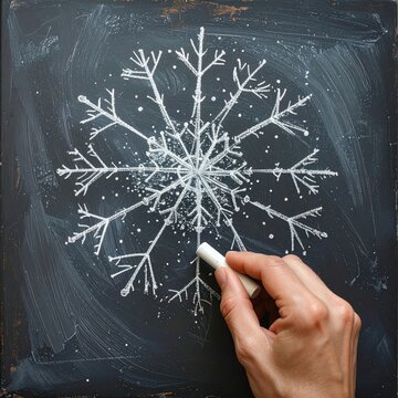 Hand drawing intricate snowflake with chalk on blackboard