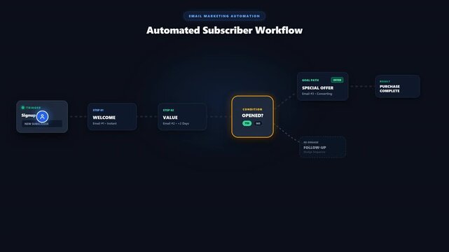 Digital marketing workflow infographic animation showing email automation steps with conditional logic paths against a dark sleek professional background