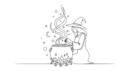 Fototapeta premium Witch Brewing Potion in Cauldron, Continuous Line Art, Halloween Magic
