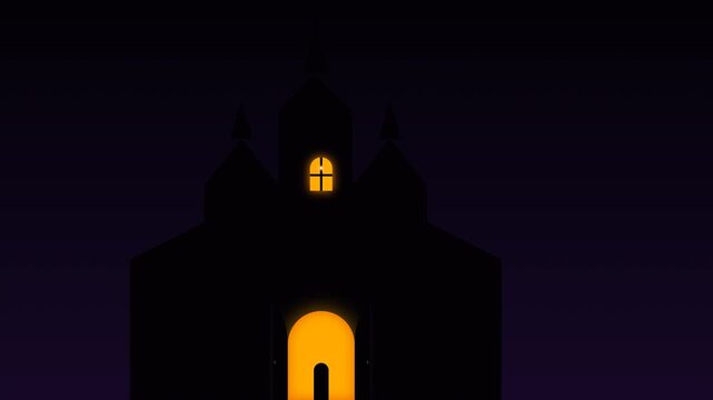 Dark church silhouette with glowing light in doorway animation