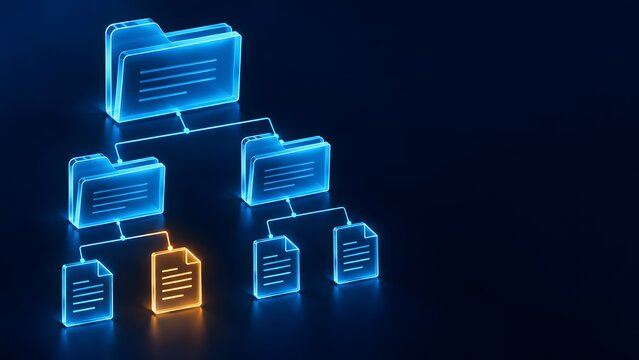 Digital file hierarchy structure with glowing blue folders and documents representing database organization