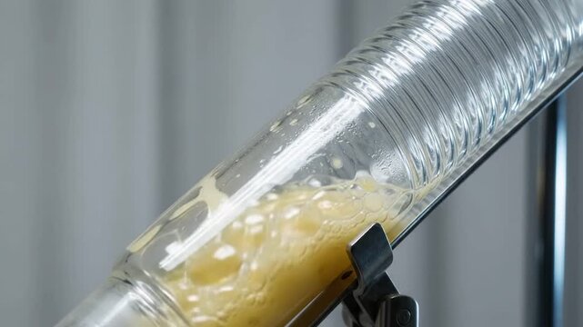 mucus flowing down a ribbed transparent borosilicate glass artificial airway tube angled downwards on a sterile mount