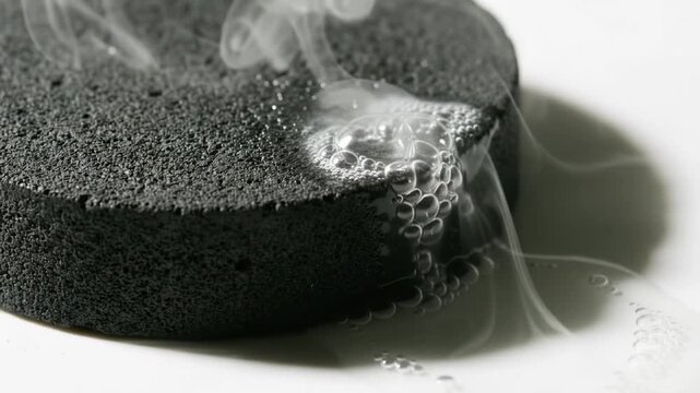 liquid nitrogen cascading over a dark cuprate superconductor pellet with a porous matte surface resting flat