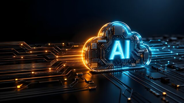 Artificial intelligence cloud computing concept with glowing digital processor on futuristic circuit board
