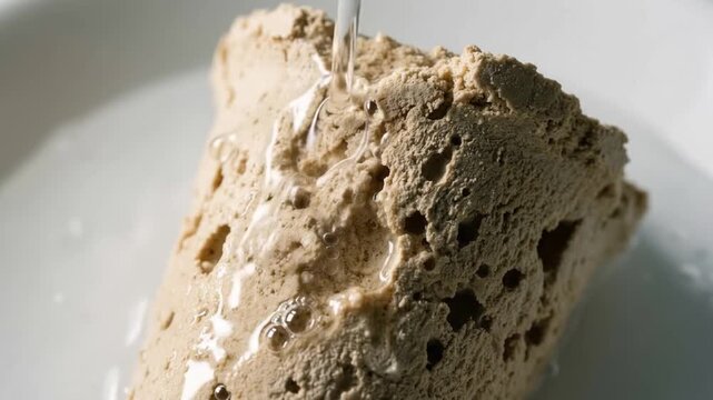 A crumbling pitted cornstarch mulch peg releasing small bubbles and debris into the surrounding liquid environment