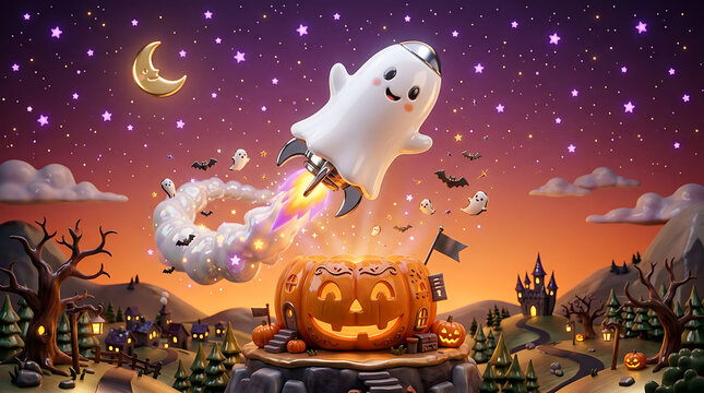 Cute ghost astronaut blasting off from a jack-o'-lantern with Halloween village at dusk