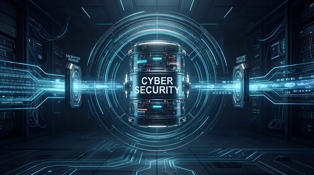 Futuristic digital tunnel with glowing lines and the words cyber security displayed