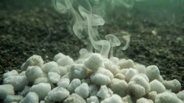 a loose mound of frosted methane hydrate nodules settling onto the dark substrate while displacing cloudy plumes
