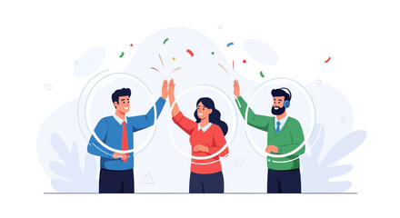 Fototapeta premium Teamwork and success concept: Diverse people celebrating with high fives and confetti in a modern flat illustration style.