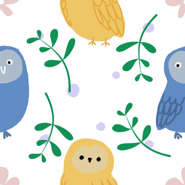 Owl Hand Draw Blue and Yellow Seamless Pattern with Green Leaves 
