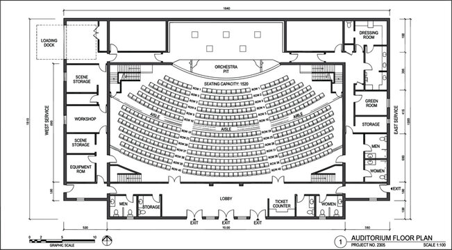 Architectural auditorium floor plan blueprint schematic detailing theater seating arrangement orchestra pit backstage and lobby layout