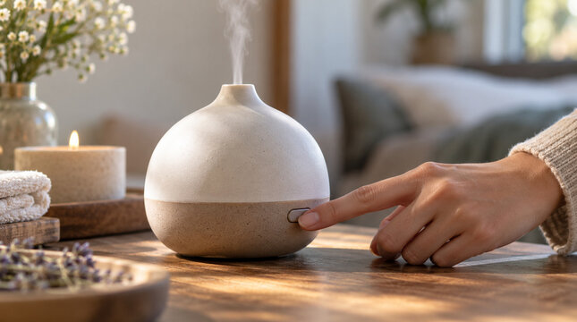 Mano activando difusor arom&aacute;tico con interruptor