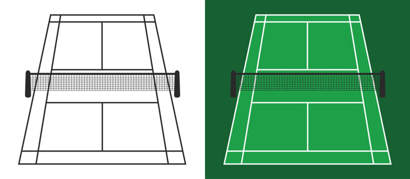 Tennis court vector collection showing outlined and green filled layouts with nets, white markings, and clean geometry for sports graphics and diagrams