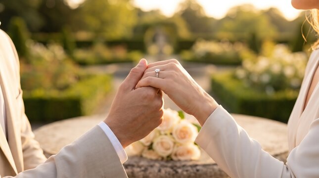 Bride and groom hands close up with diamond engagement ring, with golden sunlight and white rose bouquet, holding hands closely, in a formal garden terrace during golden hour, wedding photography