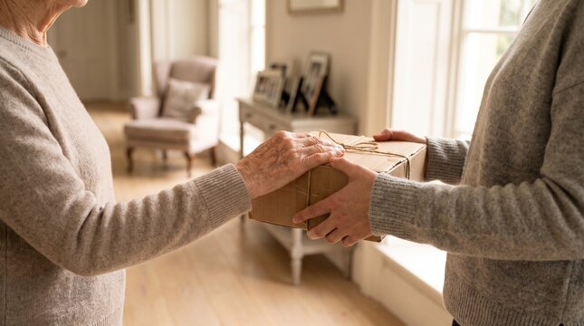 Elderly woman and young person hands closeup with gift box, with string tie on brown package, handing and receiving box carefully, in bright cozy living room setting, lifestyle photography