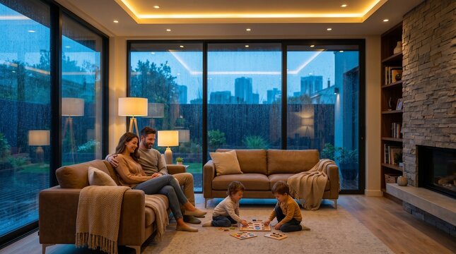 Young family with parents and two young children, large glass window with rainy dusk background, parents sitting on sofa while toddlers play on floor rug, modern cozy living room